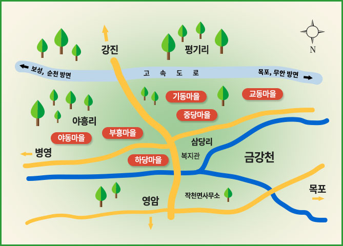 작천면 금강까치내 농촌체험휴양마을안내도로 목포와 강진 사이에  금강천 주변에 위치한 야동마을, 부흥마을, 하당마을, 기동마을, 중당마을, 교동마을 위치도